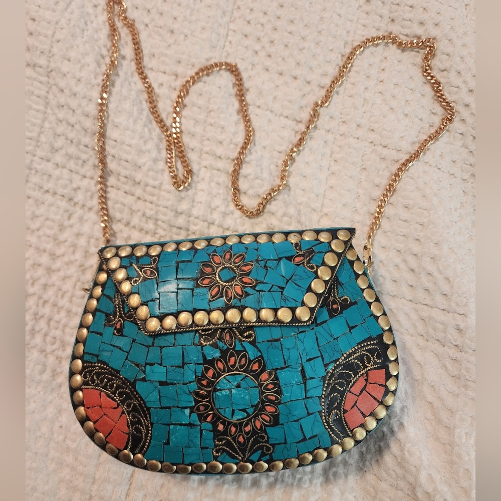 Ramla Handmade Turquoise Mosaic Floral Purse with Gold Chain Strap Southwestern